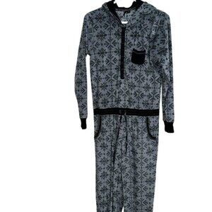 Womens XS Gray & Black Hooded One-Piece Pajama With Snowflake Print & Drawstring